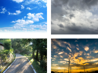 画像:青空、曇り空、陰から光、オレンジ色の青空