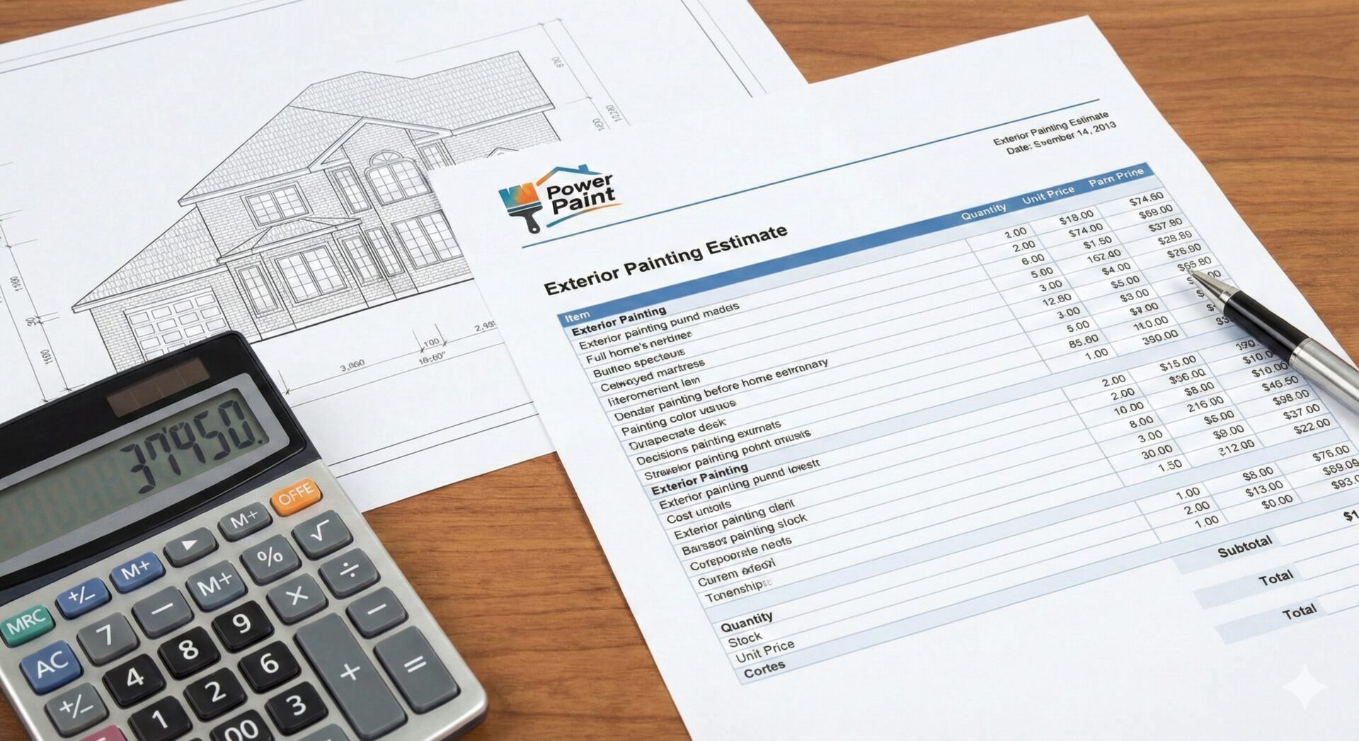 デスクの上に置かれた、詳細な内訳が記載された塗装工事の見積書、電卓、図面、ペン。