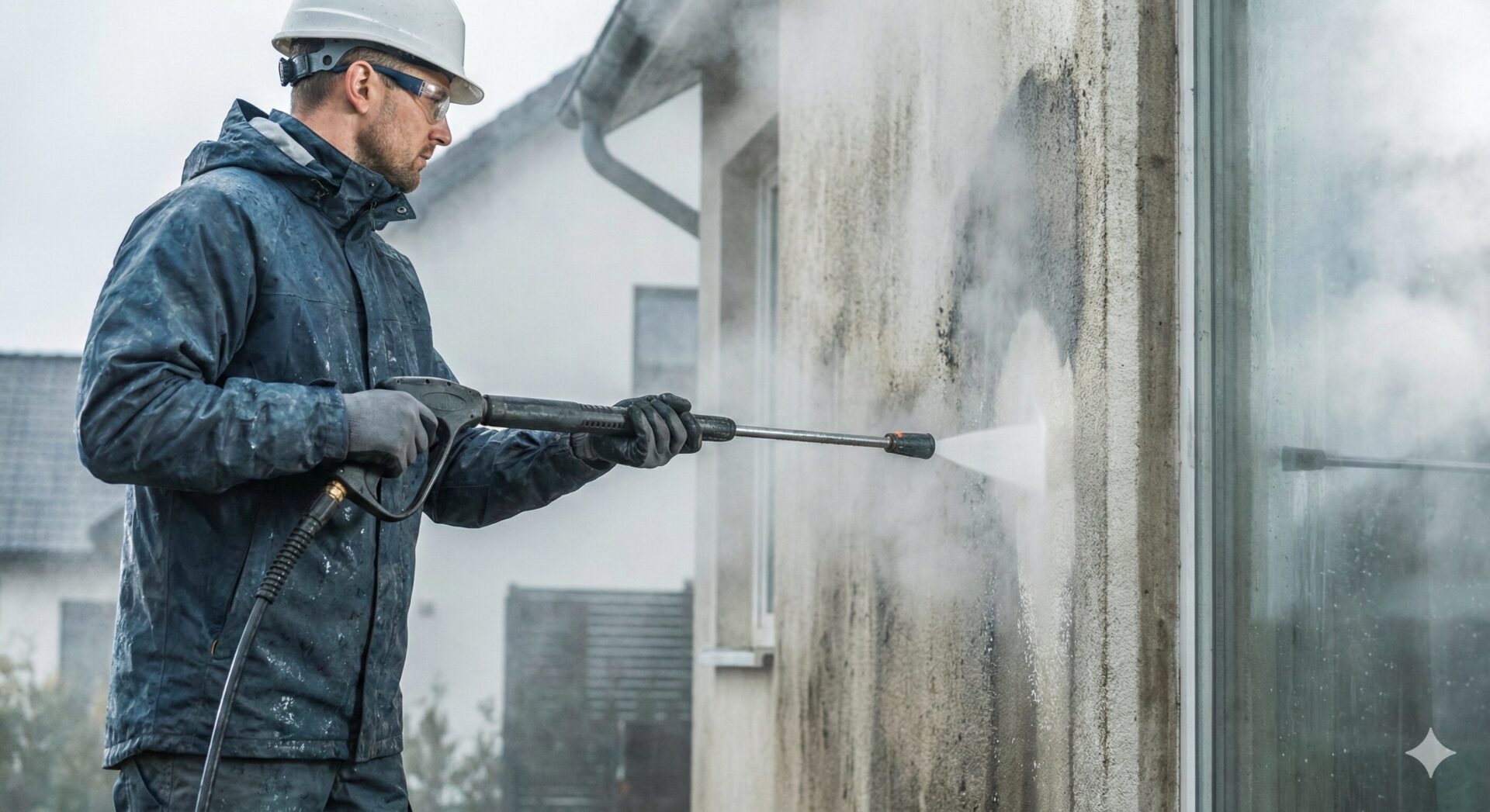塗装職人が業務用の高圧洗浄機を使い、外壁の汚れを強力な水圧で洗い流している作業風景。