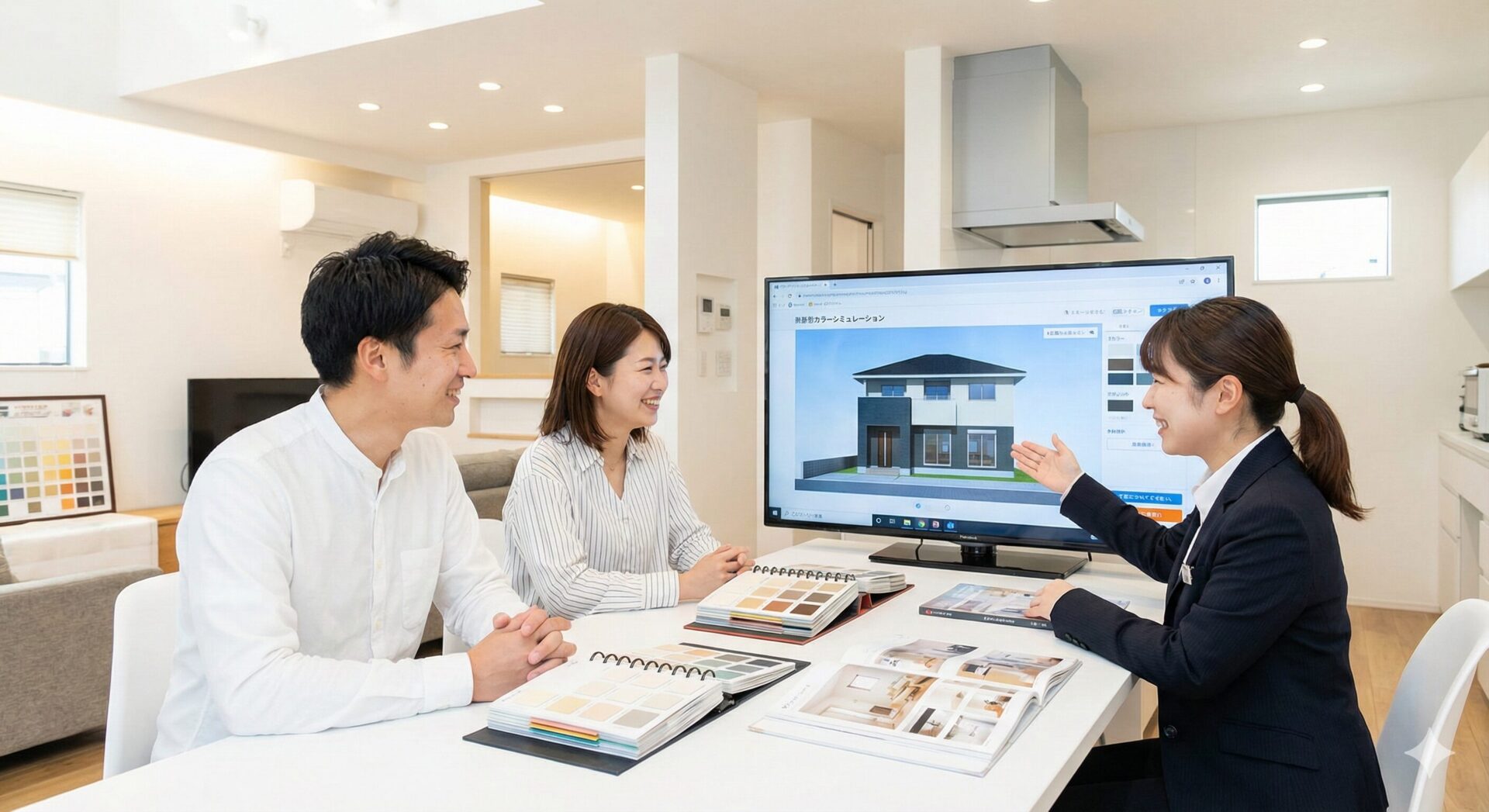 姫路市のパワーペイントショールームにて、スタッフがお客様に外壁塗装の色見本やカラーシミュレーションを案内している明るい相談風景