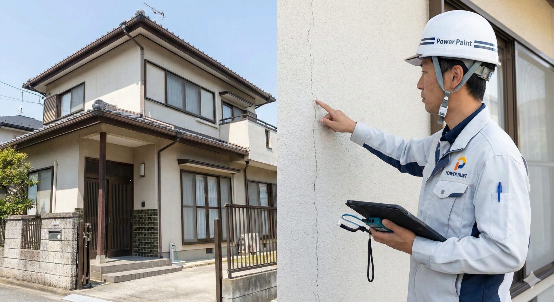 姫路市の住宅街で専門スタッフが外壁のひび割れや劣化状況を丁寧に診断している様子