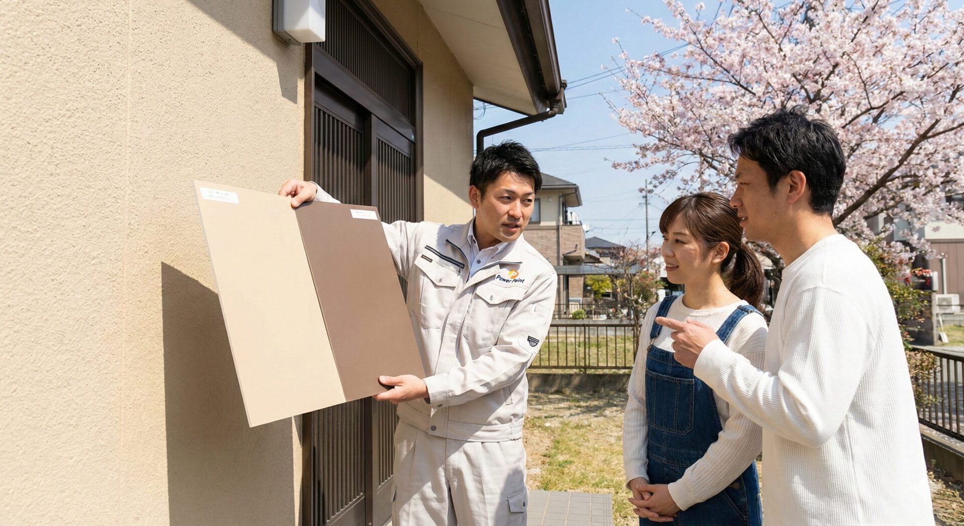 姫路市の屋外で、スタッフがお客様（夫婦）に大きな外壁色見本板を実際の壁に当てて見せている様子。