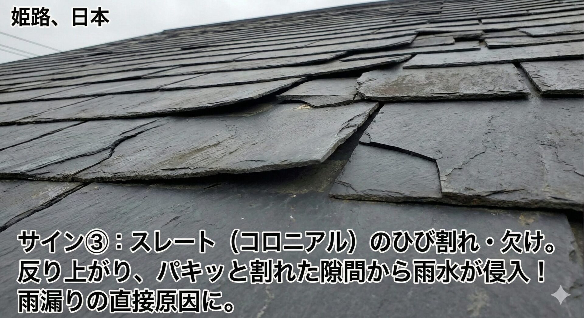 スレート（コロニアル）のひび割れ・欠け 現在、姫路市の住宅で最も多いスレート屋根。薄い板状の屋根材ですが、劣化すると反り上がり、パキッと割れてしまいます。割れた隙間から雨水が侵入し、雨漏りの直接的な原因になります。