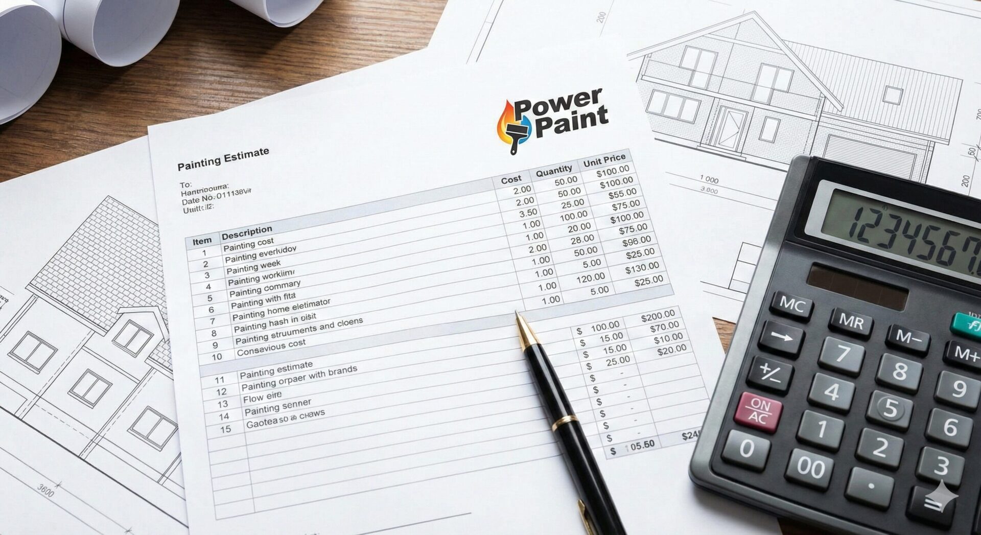 デスクの上に置かれた、詳細な内訳が記載された塗装工事の見積書、電卓、図面、ペン。