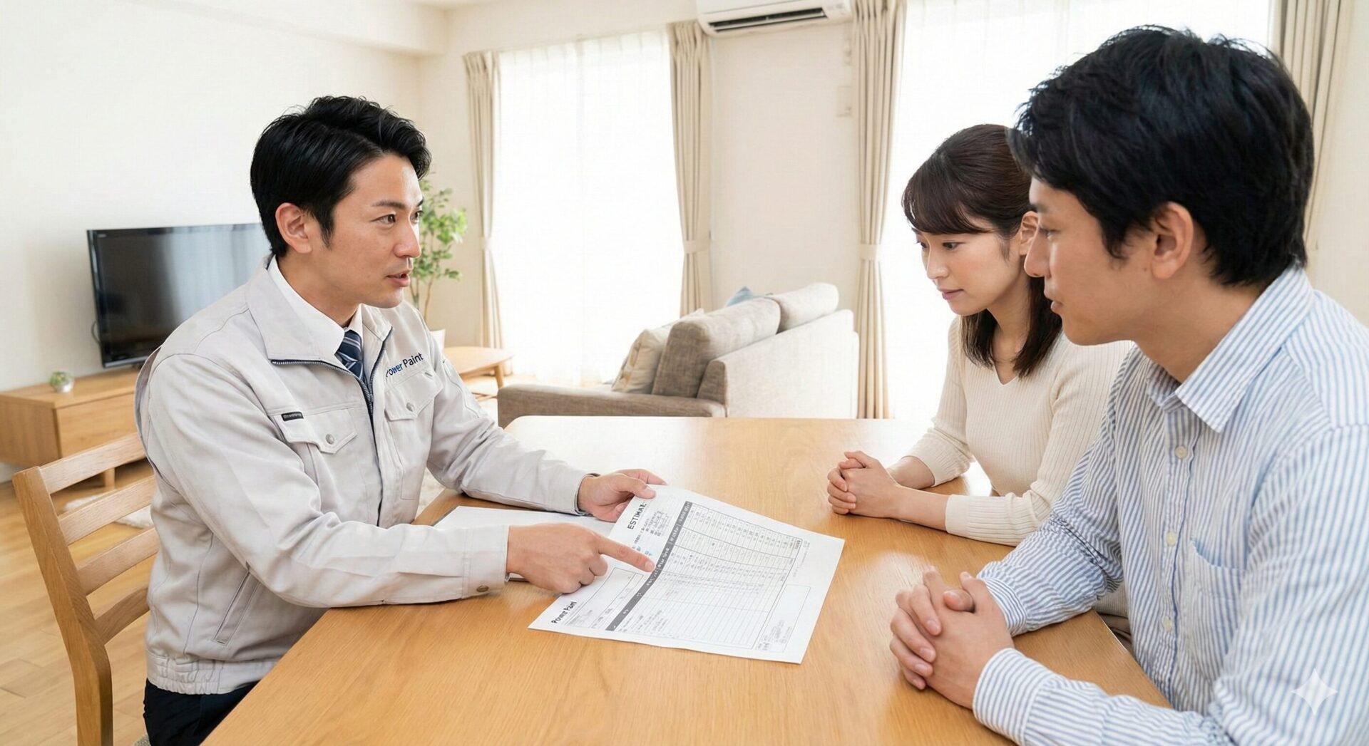 お客様のご自宅のリビングで、パワーペイントの男性スタッフが見積書の内容を丁寧に説明している様子。