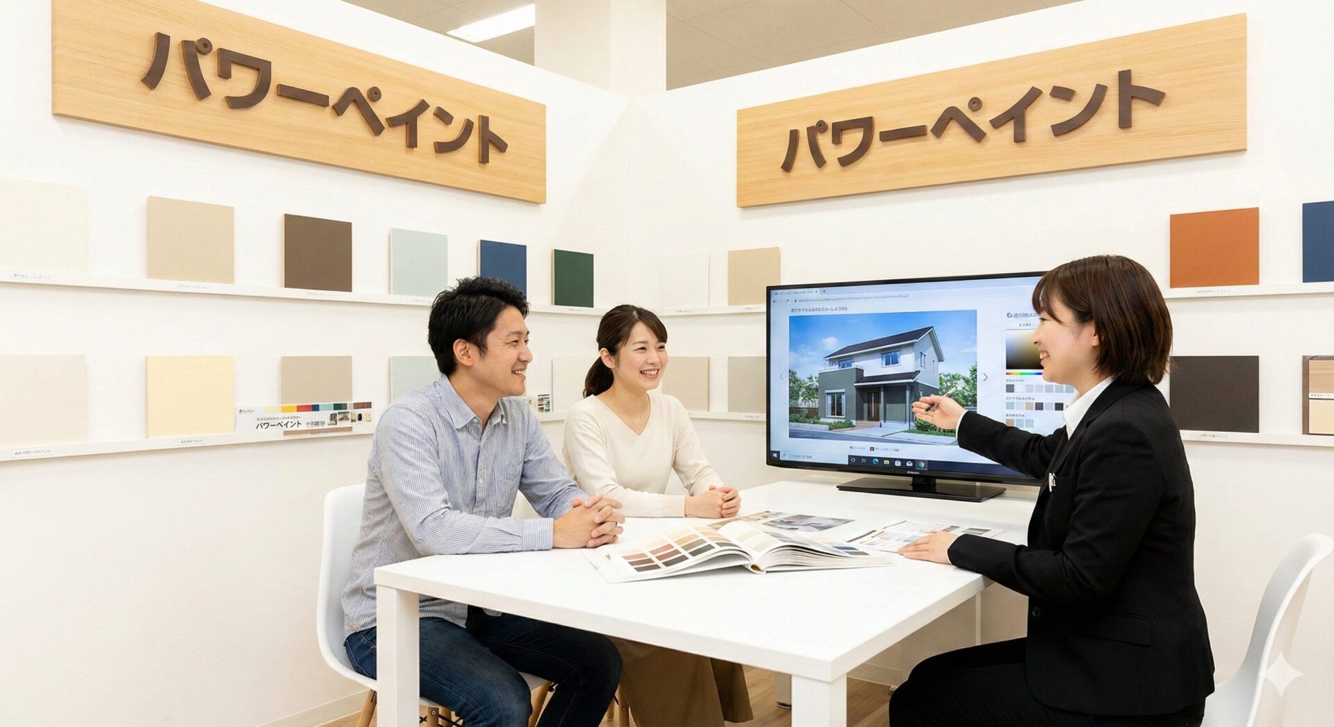 パワーペイントの明るいショールームで、大型モニターのカラーシミュレーションを見ながら色選びの相談をするスタッフとお客様。