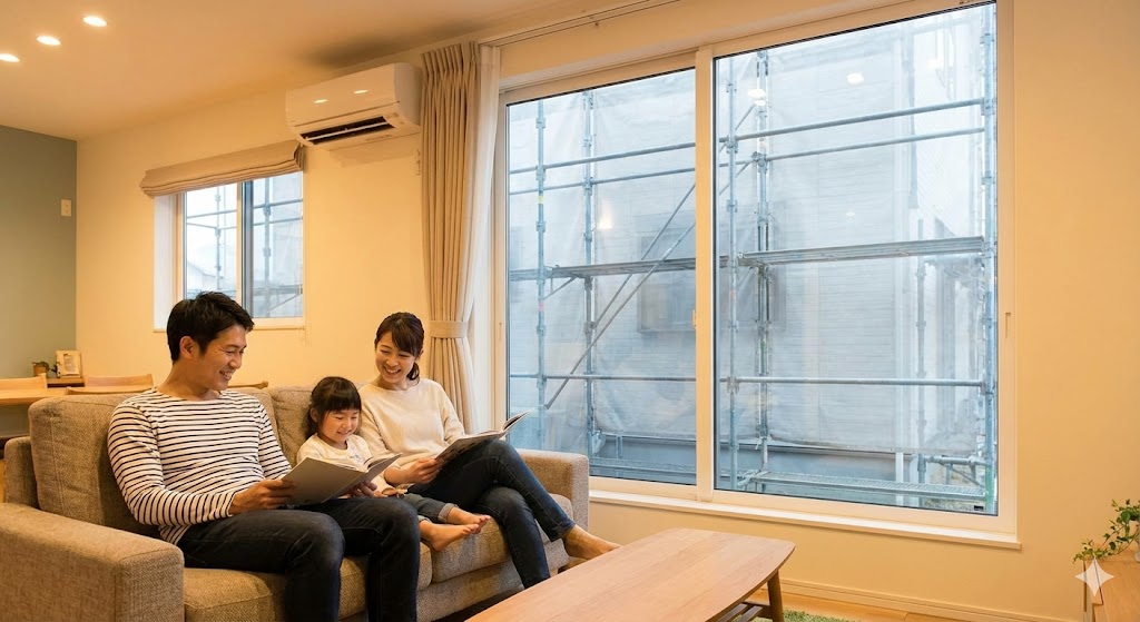 外壁塗装工事中、窓の外には足場と養生シートが見えるが、室内では家族が暖かく快適に過ごしているリビングの様子。