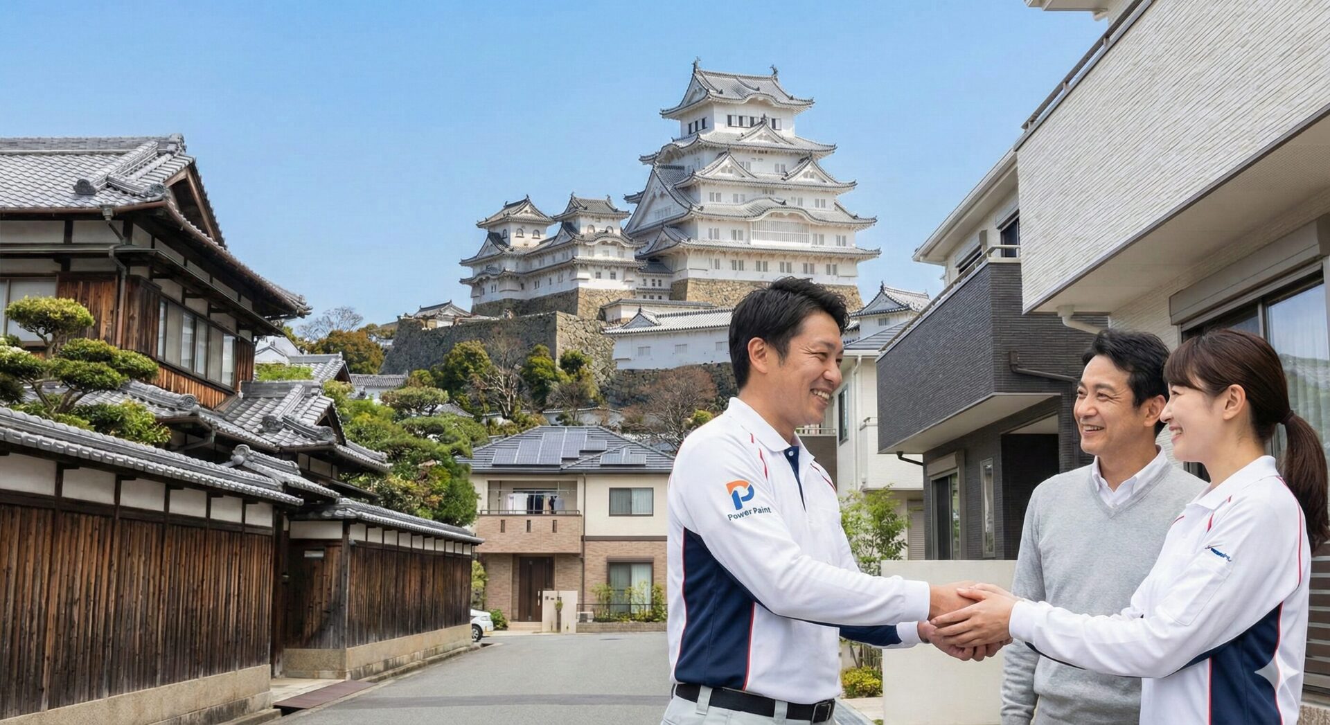 姫路城を望む街並みを背景に、パワーペイントのスタッフと笑顔で握手を交わすお客様のご夫婦。
