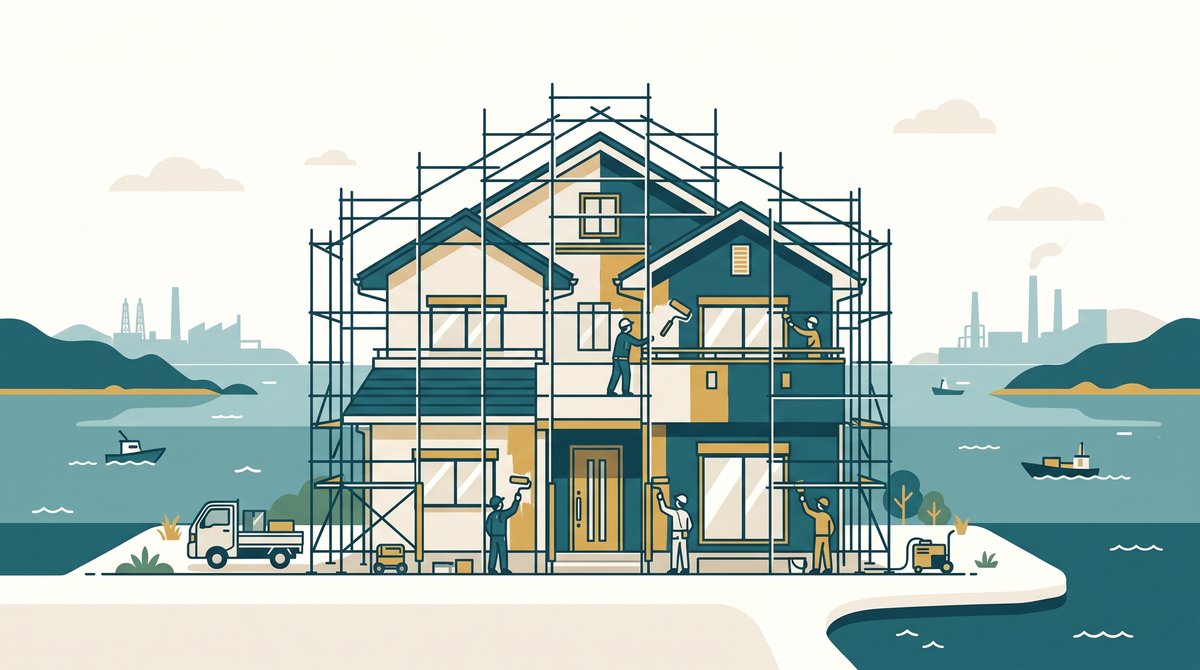 高砂市の住宅に足場を組んで外壁塗装を行う様子のイラスト