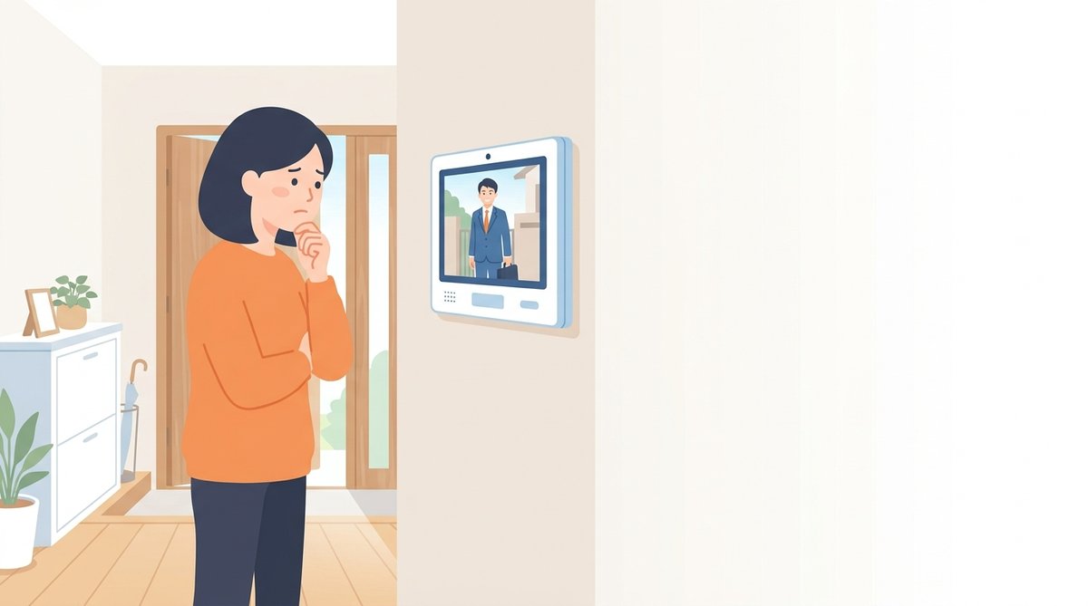 玄関のインターホンに映る訪問販売の営業マンと、対応に迷う女性のイラスト
