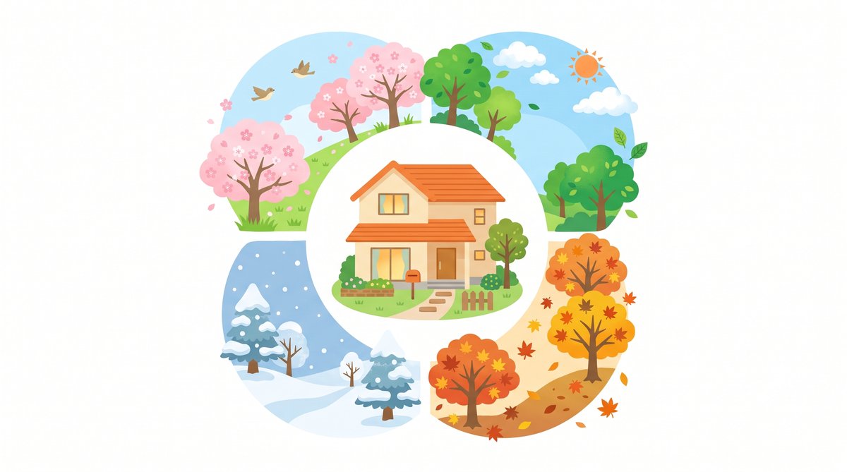 四季に囲まれた一戸建ての家。外壁塗装の季節を考えるイラスト