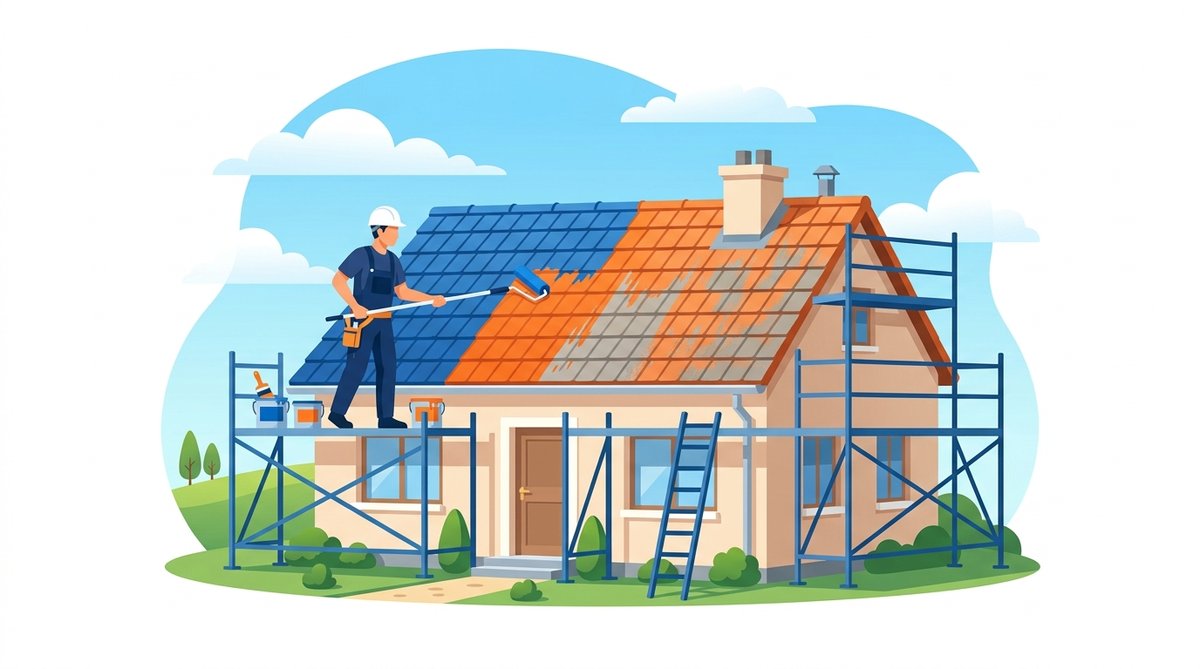 足場を組んだ家の屋根を職人がローラーで塗装しているイラスト